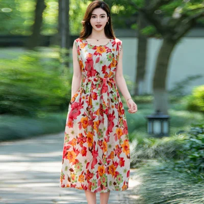 Cotton Linen Floral Midi Dress