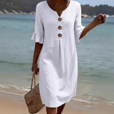 Cotton Linen Dress V-neck