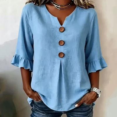 V-neck Cotton Linen Shirt
