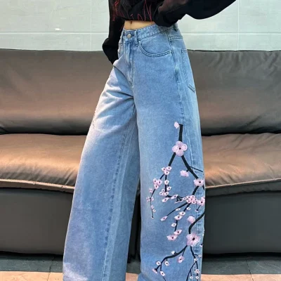 Floral Embroidery  Blue Baggy Jeans